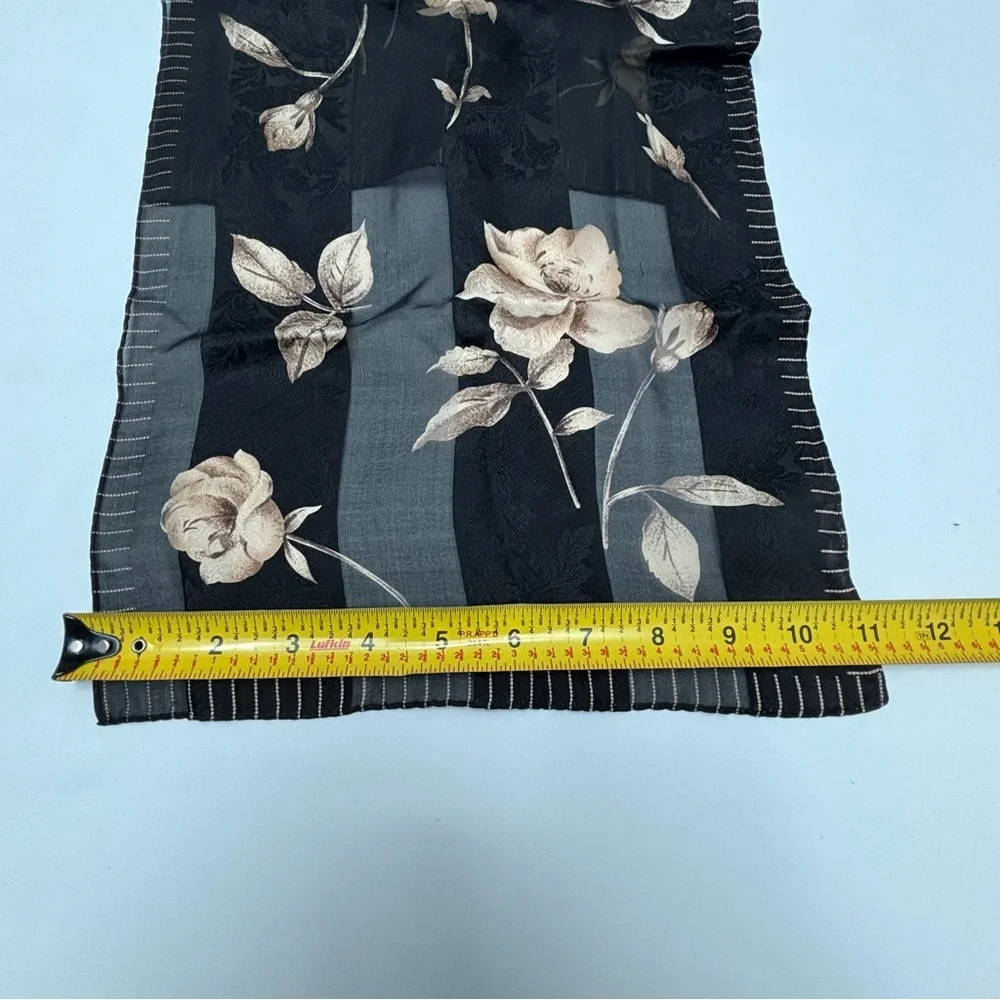 Vintage 100% Silk Black and Tan Floral Scarf